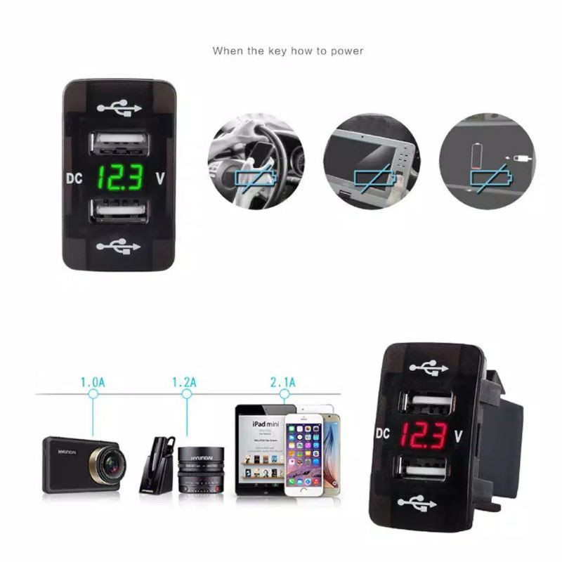 Adapter Charger Dual Port USB DC 12V 24V dengan Voltmeter LED untuk Mobil