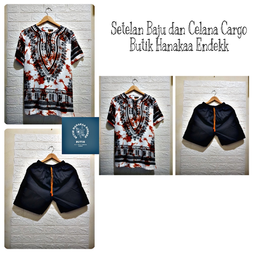 Set/Setelan Baju dan Celana Cargo Etnik Dashiki Bercak Pria/Wanita (Unisex)