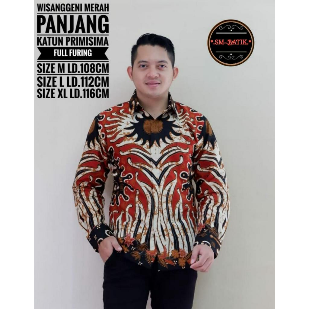 Kemeja Batik Pria Exclusive Warna Merah Batik Lengan Panjang Pria Warna Merah WISANGGENI MERAH