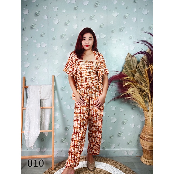 Baju Setelan 3in1 Wanita Kekinian Jumbo Set Cardigan Outer Kemben Tie Dye Abstrak Bunga