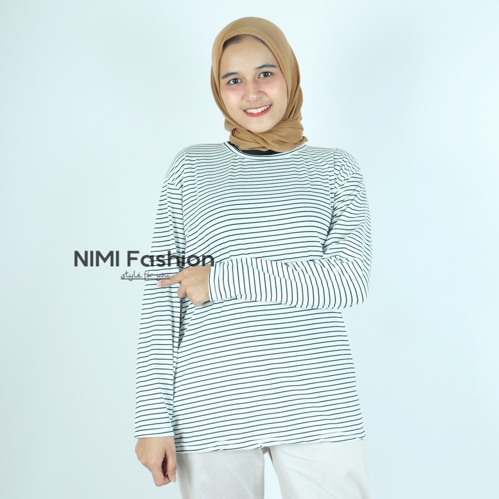 NIMIFASHION KAOS LENGAN PANJANG WANITA / BAJU LENGAN PANJANG / BAJU SALUR HITAM PUTIH BISA COD