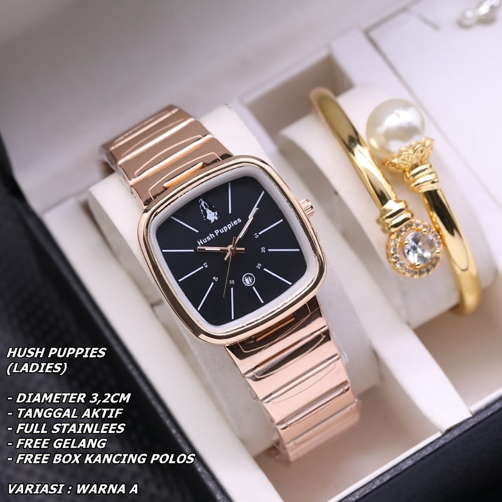 JAM TANGAN WANITA HUSH PUPPIES RANTAI BODY SEGI TANGGAL AKTIF FREE GELANG