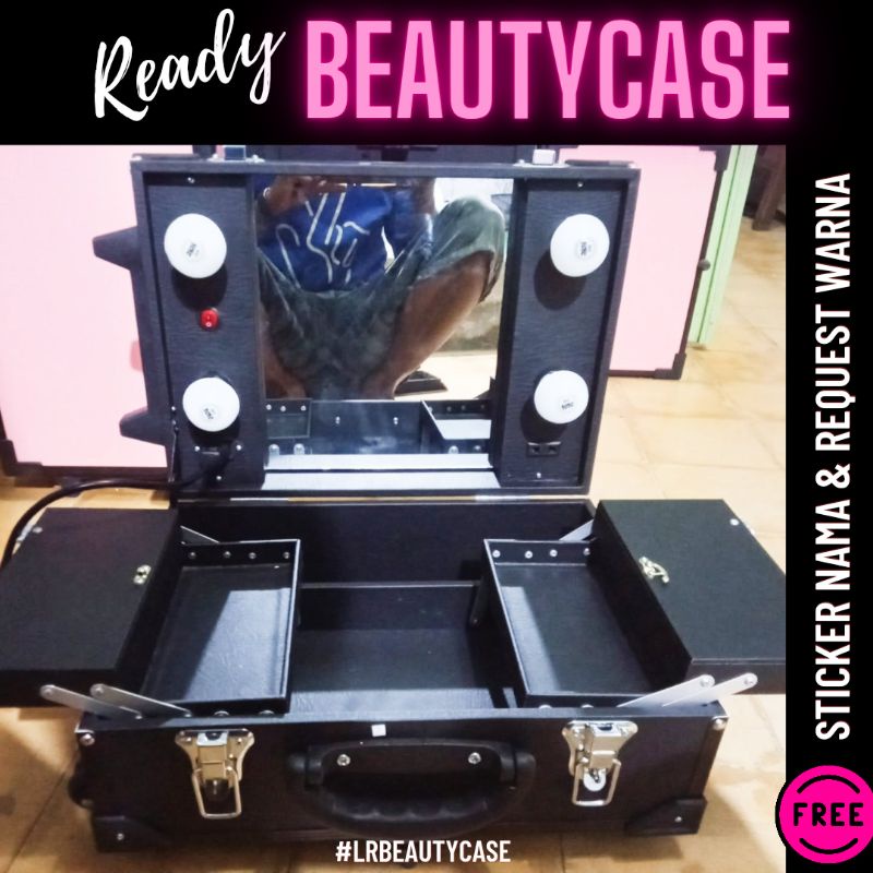 Beauty case mini hitam 4 lampu 4 rak