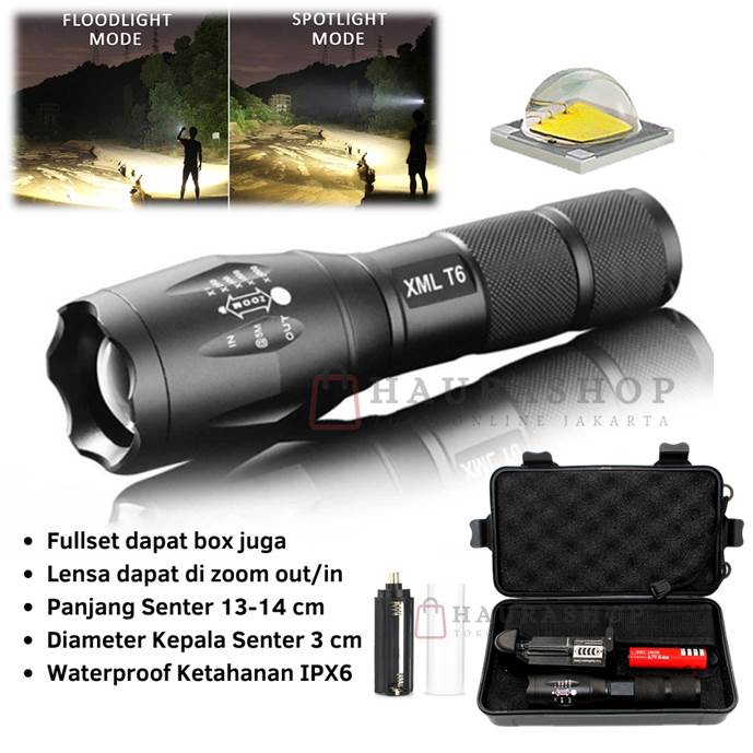 SENTER LED CREE SUPER TERANG XML-T6 E17 2000 - 3800 LUMENS ANTI AIR JARAK HINGGA 500M