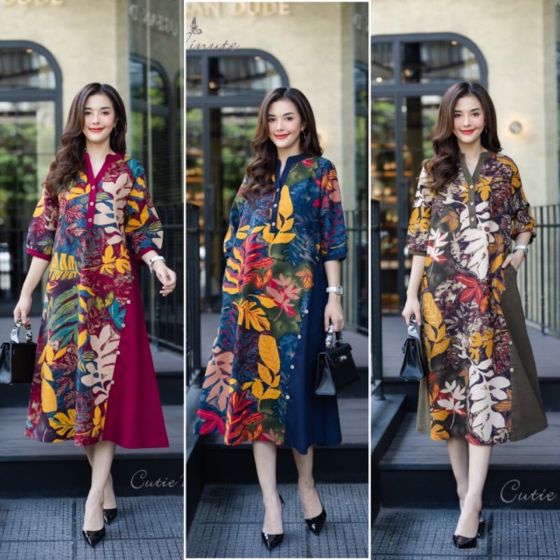 Maxi Dress Katun Linen Korea Full motif print daun