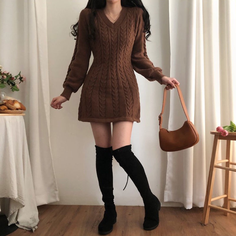 BIIKPIIK Amerika retro pola rami jalan v-neck sweater rok wanita musim gugur dan musim dingin pingga