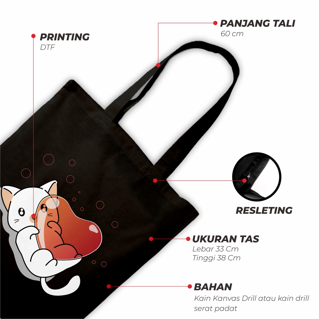 Sevine Tas Wanita Tote Bag Resleting Totebag Cute Cat Black Series - CSL5