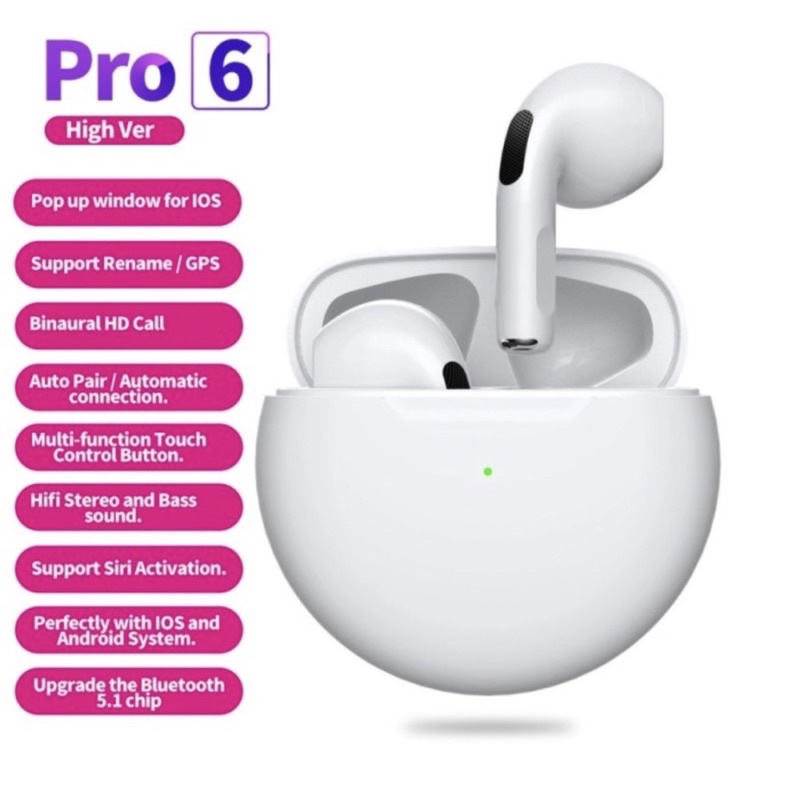 Headset Bluetooth PRO 6 TWS Bluetooth V5.1 with charging case - Headset PRO 6 TWS