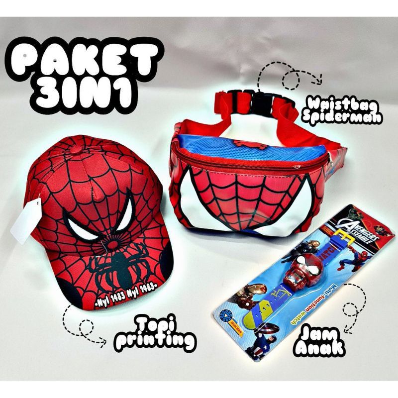 Waistbag anak karakter spiderman 3in1- tas + topi + jam