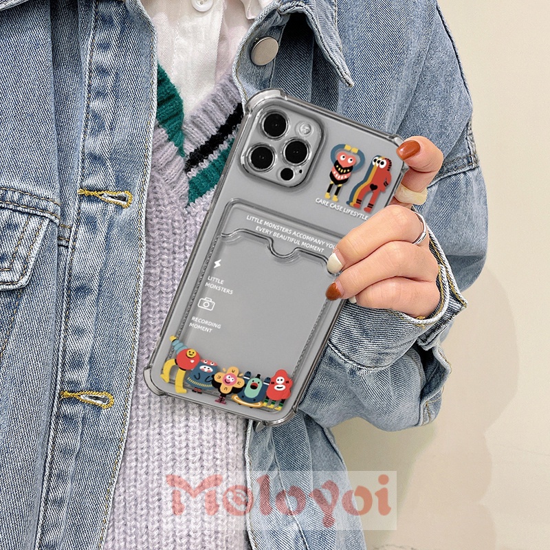 Soft Case Tpu Transparan Shockproof Kartun Monster Kecil Holder Kartu Kredit Untuk Iphone 6 6s 7 8 Plus 11 12 13 Pro Max Xr X Se 2020 Xs Max