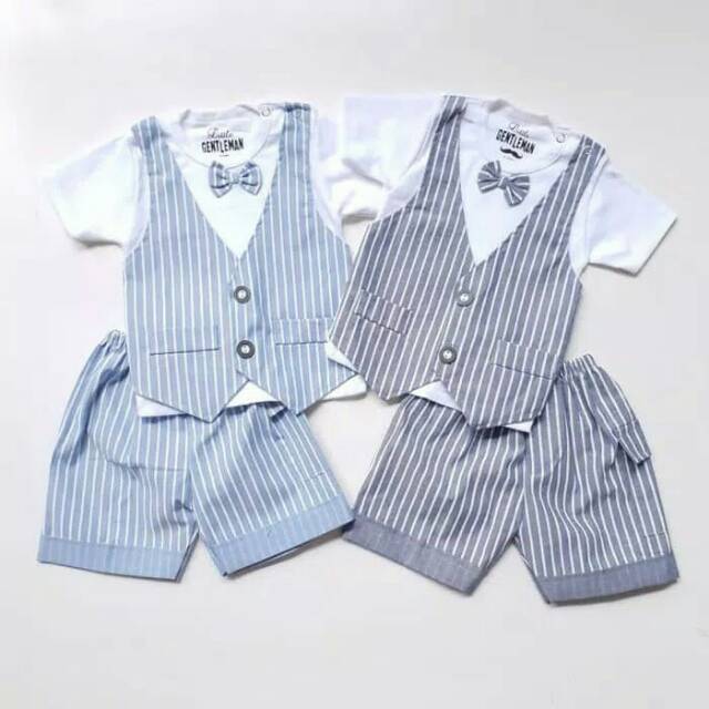 Baju Setelan Bayi Cowok Laki Rompi Katun Abu Biru Garis Dasi Kupu