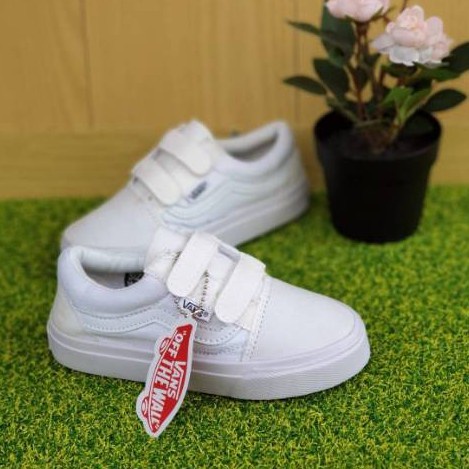 epatu Oldskool Anak Full White Motif Perekat Tanpa Tali/Sepatu Anak Sekolah/Sepatu Anak Kekinian Zaman Now