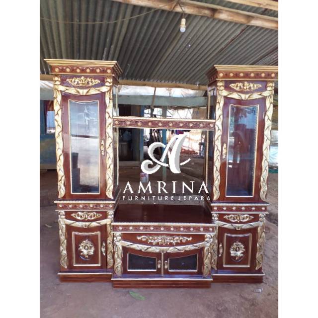 Lemari pajangan tv ukir jati, lemari tv ukiran khas jepara, mebel jepara