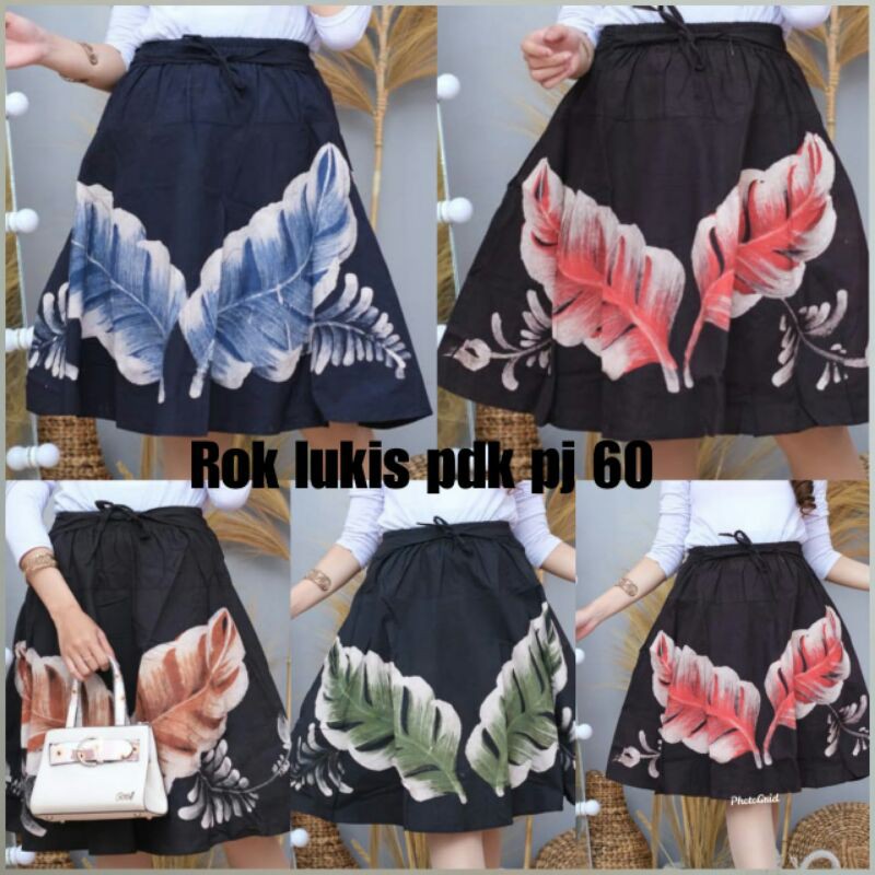 Rok Lukis Pendek Batik Cap Bawahan Flare Skirt Klok Payung Cantik Motif Daun Modern Leaf