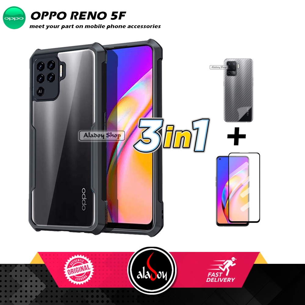 Case OPPO RENO 5F Armor Fushion Transparent Casing + Tempered Glass Full Layar dan Skin Carbon