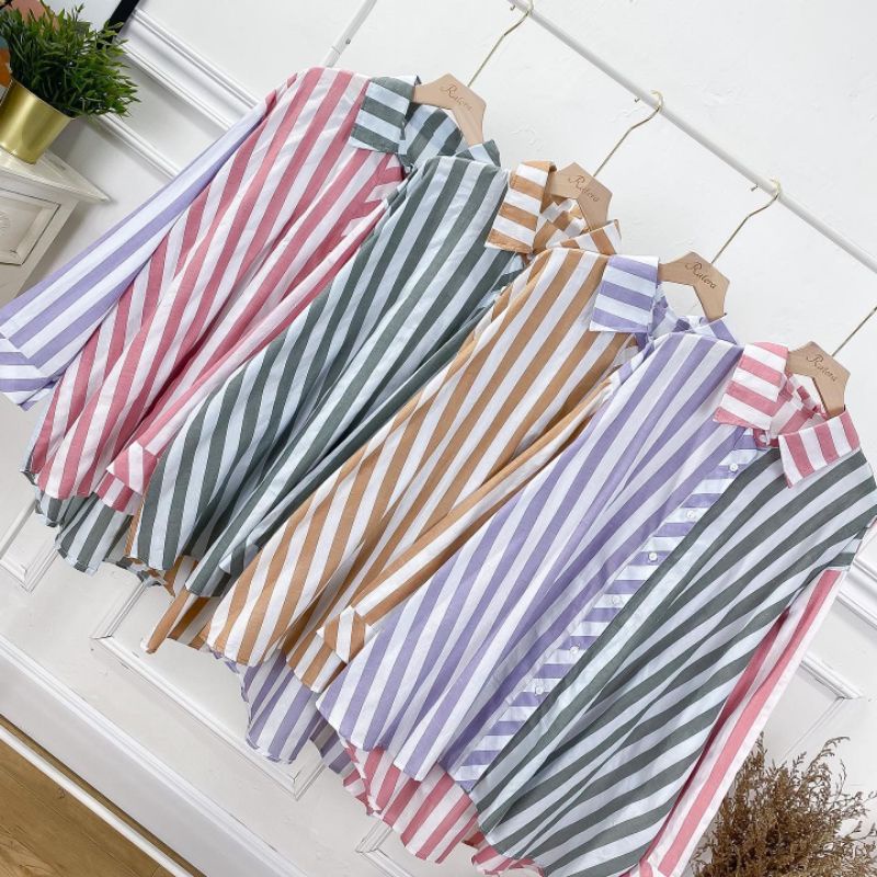 MIX STRIPE SHIRT | KEMEJA OVERSIZE ATASAN WANITA BAJU LENGAN PANJANG