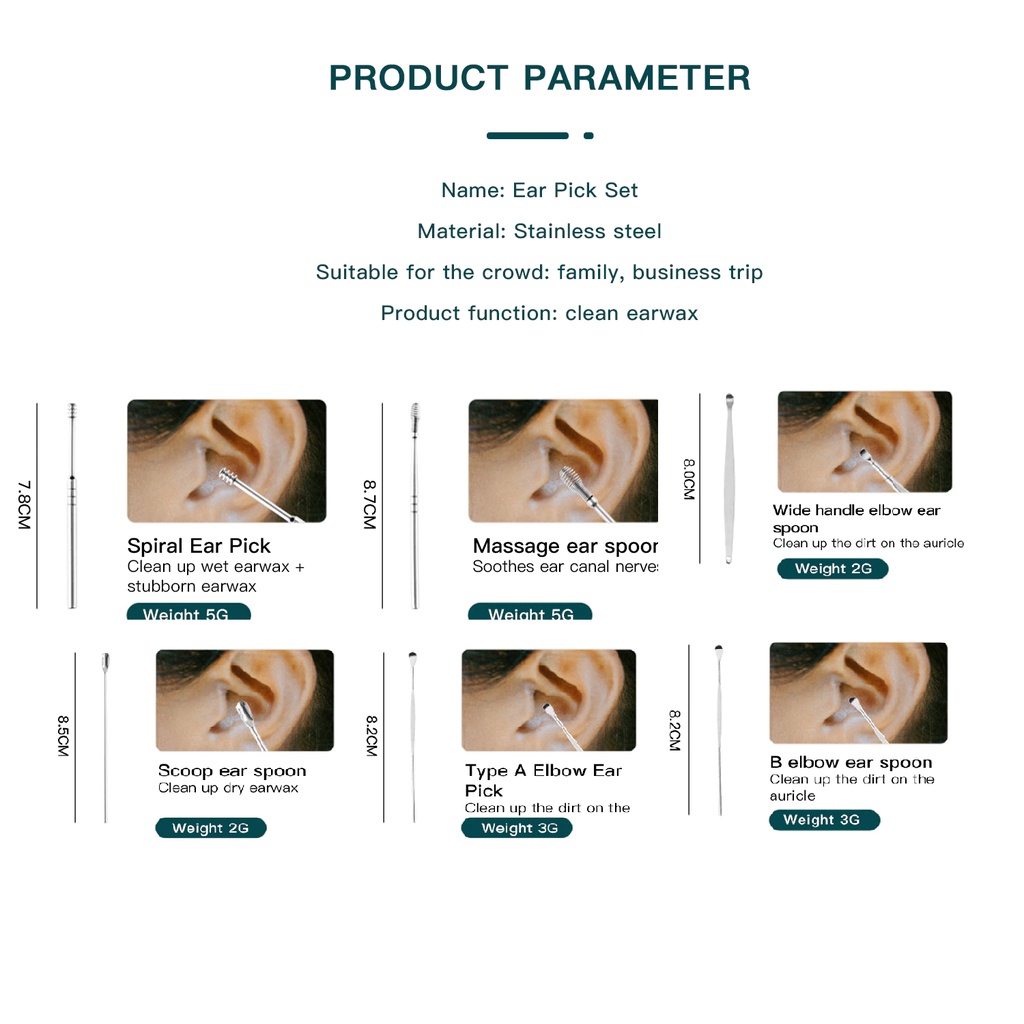 Korek Kuping Set Alat Pembersih Telinga High Quality Ear Wax Picker 6in1 Stainless Steel