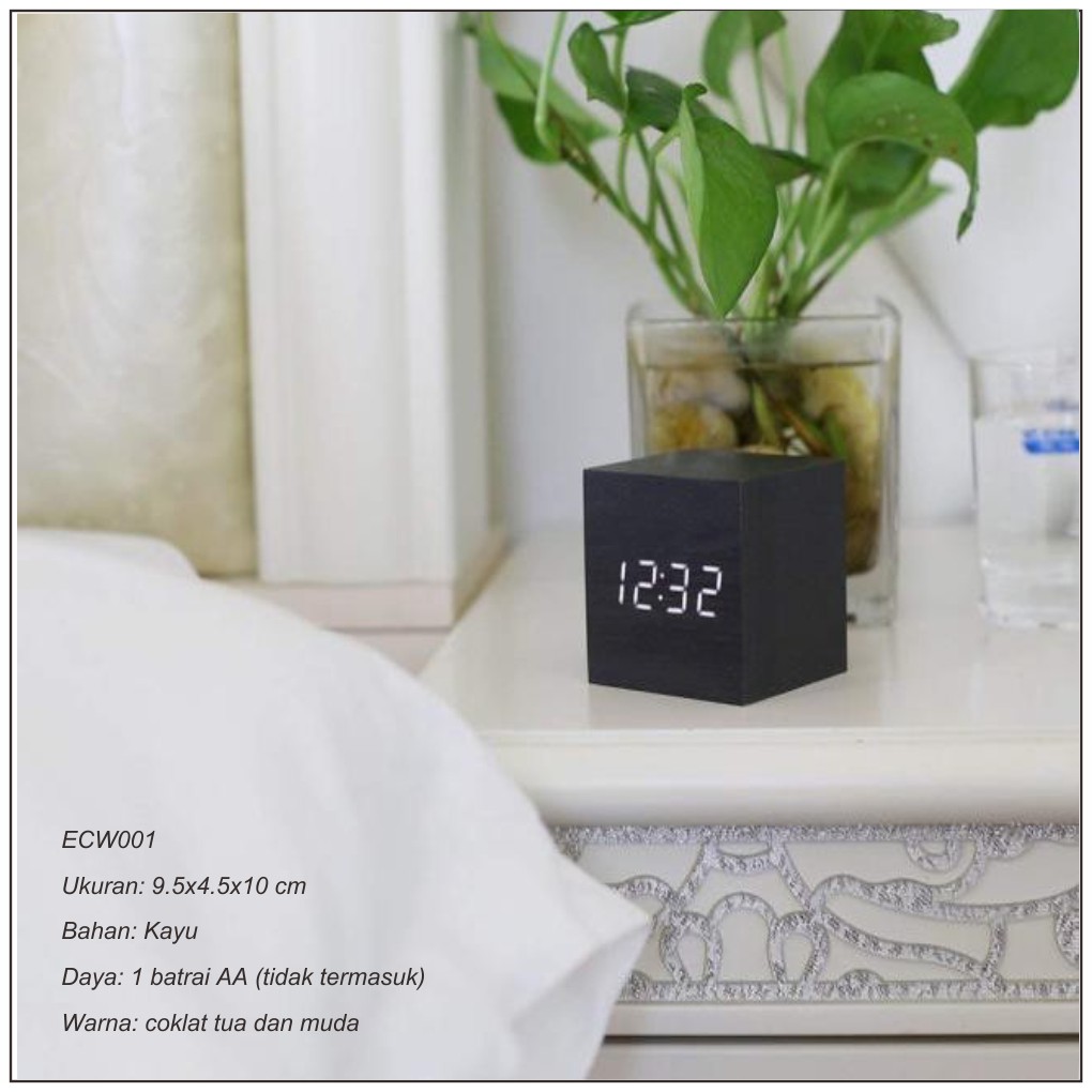 Wooden Digital Alarm Clock LED Light Multifunctional Modern Cube W001