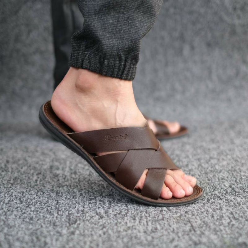 BRLN 004 Brown Sandal Pria Casual Kulit Asli Sendal Slide Sndal Selop Santai Klasik Murah