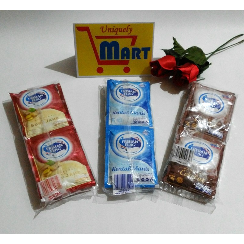 

Susu Kental Manis Kemasan Sachet : Frisian Flag Susu Bendera 6 pcs / renceng - Putih / Coklat / Jahe / Stroberi