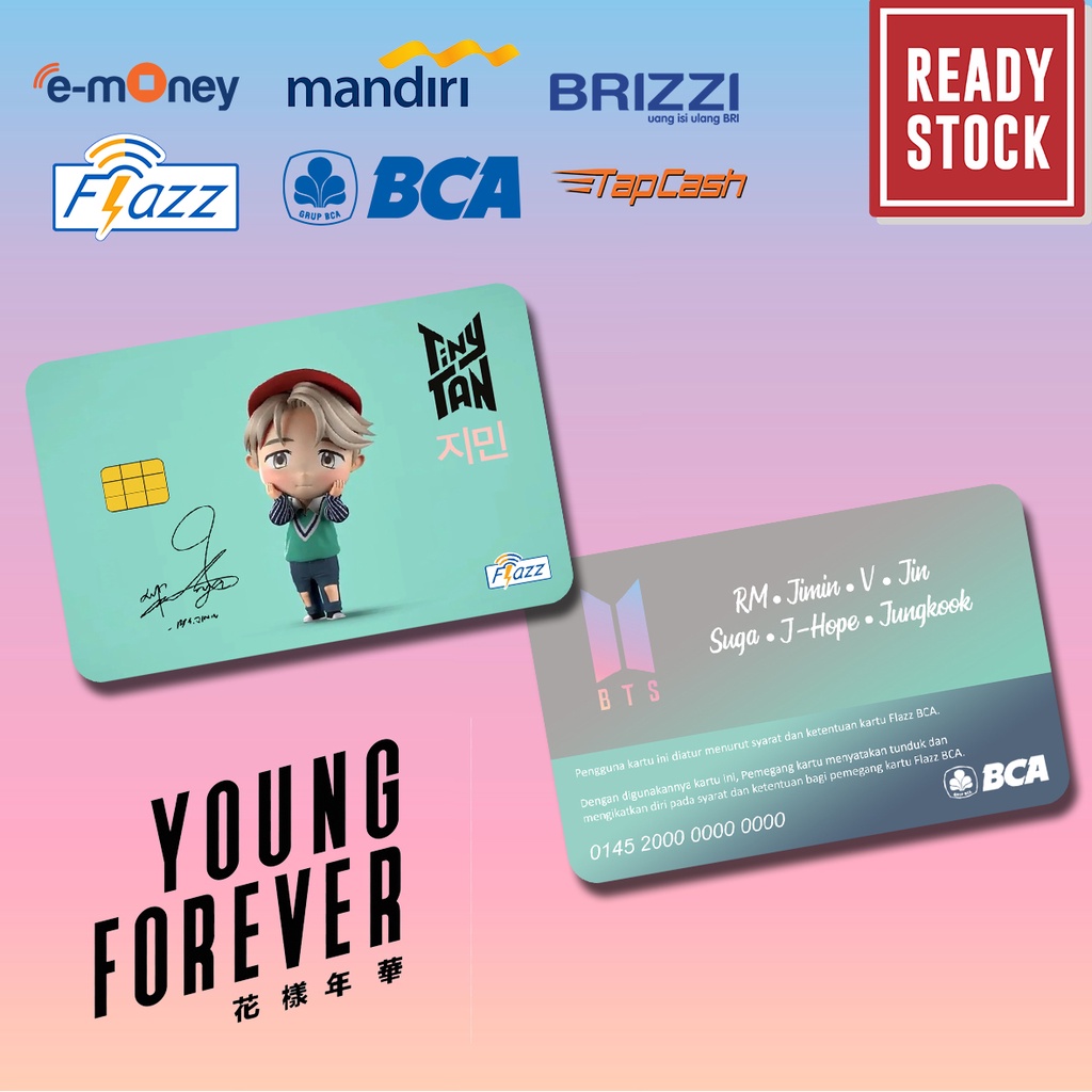 Emoney mandiri flazz bca gen 2 brizzi tap cash custom BTS ARMY jimin, jungkook, v, rm, j-hope, jin, suga kartu e toll free edit 1 sisi atau 2 sisi cocok untuk komunitas dan souvenir