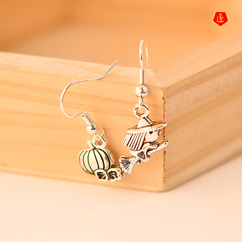 [Ready Stock]New Halloween Witch Pumpkin Asymmetric Earrings S925 Silver Black