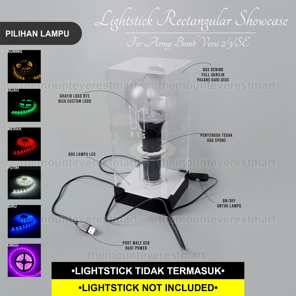 Lightstick Showcase - Box Display Light Stick BTS Versi 2/3/SE dengan Lampu dan Kabel USB | Tempat/ 