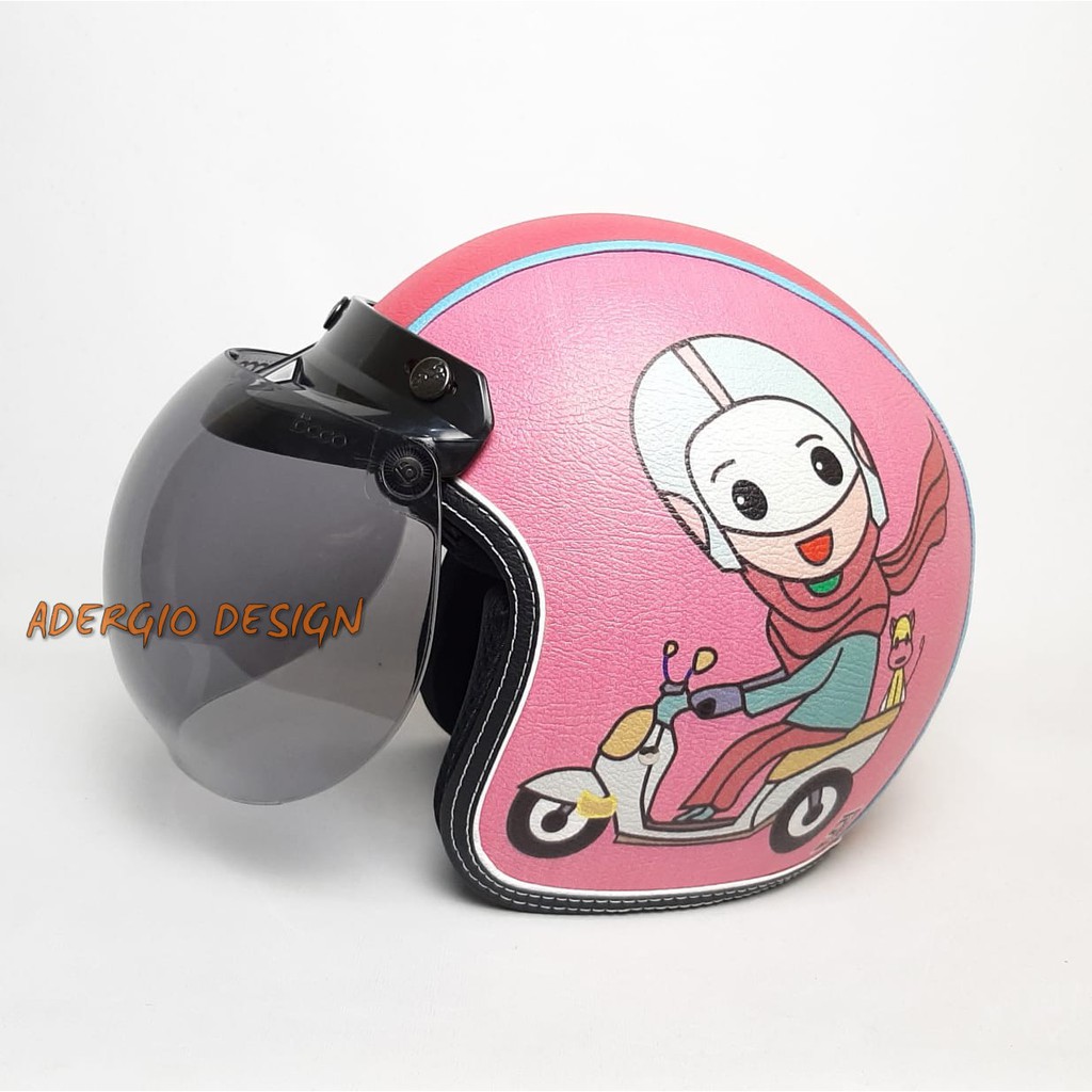 HELM BOGO Motif Hijab Pink Full Kulit Retro Klasik