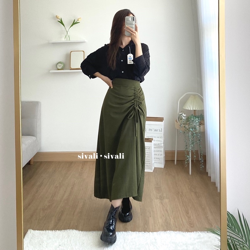 Tamara Skirt - Rok Serut Casual Flowy - Midi Maxi Ruched Skirt - Rok Wanita Korean Look-Army