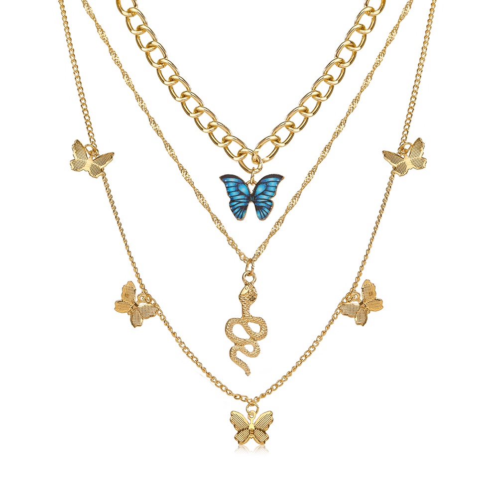 Multilayer Butterfly Gold Necklace Snake Chain Pendent Fashion Jewelry Women Accessories