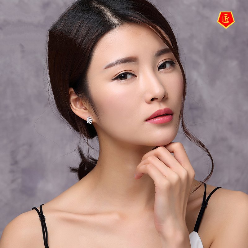 [Ready Stock]925 Silver Rose Diamond Stud Earrings Graceful Fashionable