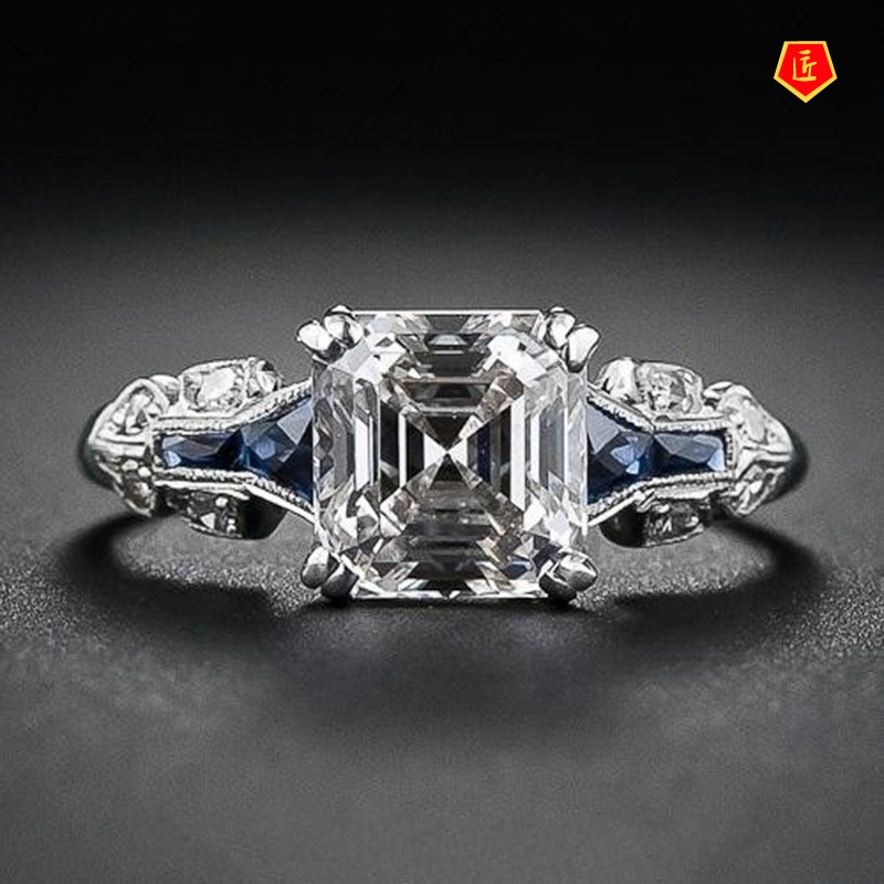 [Ready Stock]Irregular Trapezoid Square Diamond Topaz Sapphire Ring 925 Silver Fashion