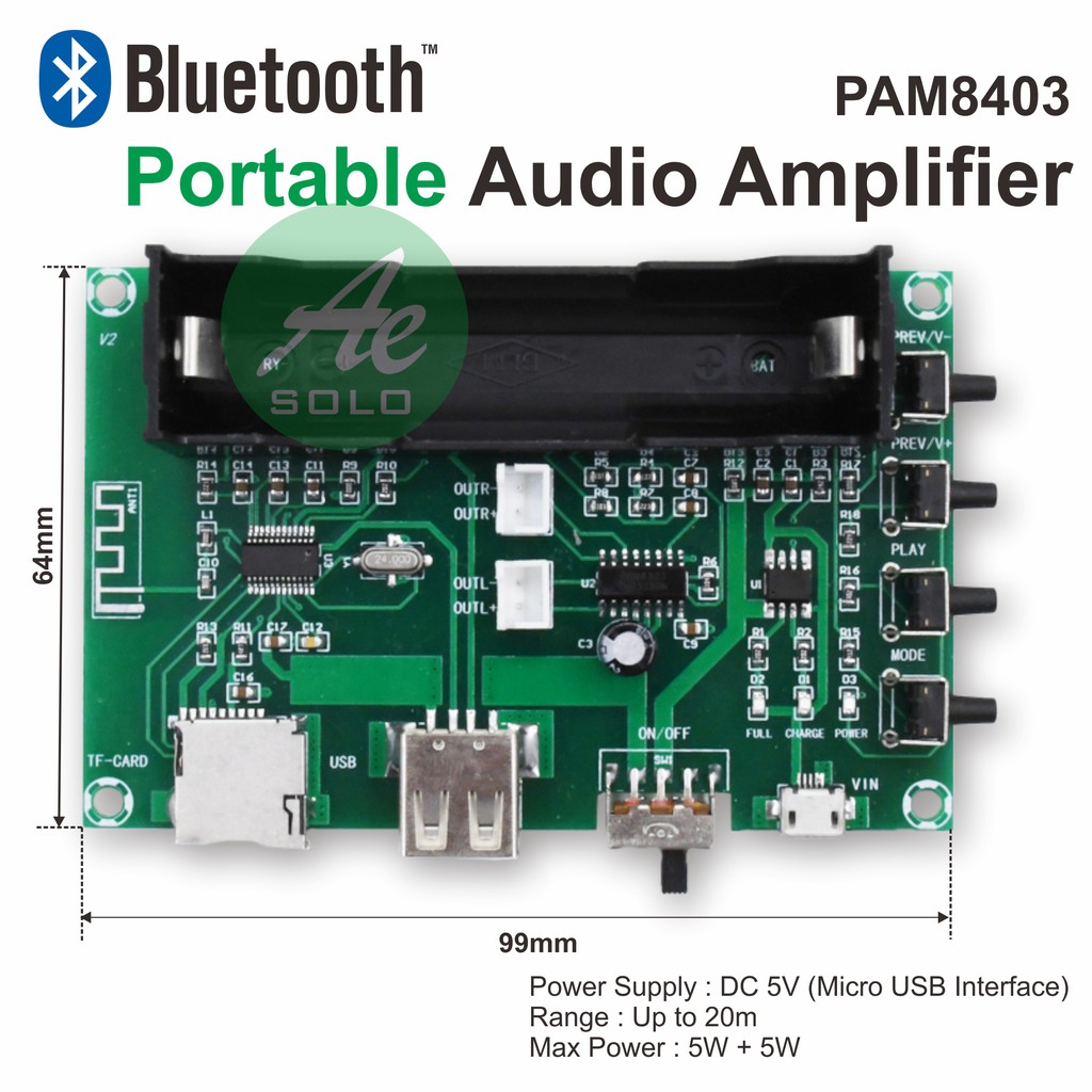 Portable Bluetooth Audio Amplifier PAM8403 MP3 Player