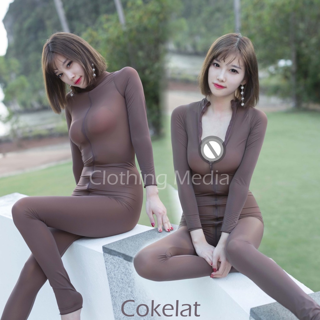 Full Bodysuit Ice Silky Halus Lembut Body Stoking Resleting Zipper Catsuit Semi Transparan