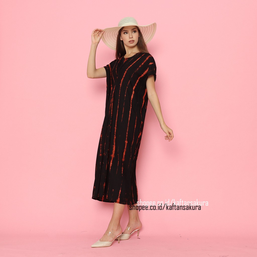 KAFTAN DRESS MAXI WANITA HOME DRESS TIE DYE WARNA HITAM TERBARU RAYON LEMBUT MURAH BY KAFTANSAKURA