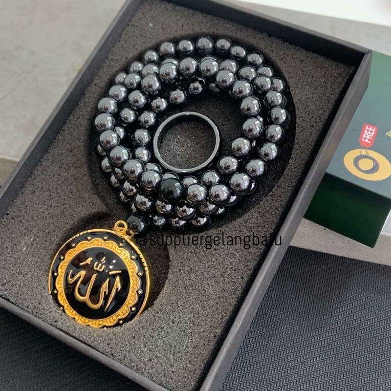 PAKET CINCIN kalung Allah Gold Blustin Black Jade Premium