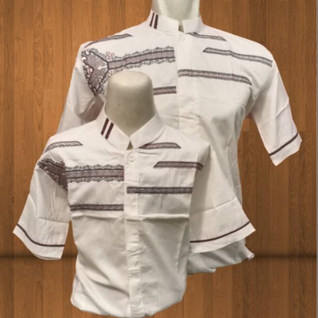 Baju koko couple ayah dan anak putihbw dengan motif bordir garis didada