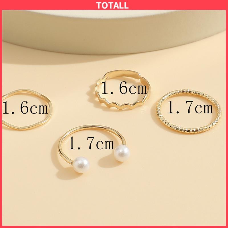 COD 4 Pcs/set Korea Cincin Emas Untuk Wanita Sederhana Mutiara Elegan Cincin Set Dapat Disesuaikan Terbuka Perhiasan Hadiah-Totall