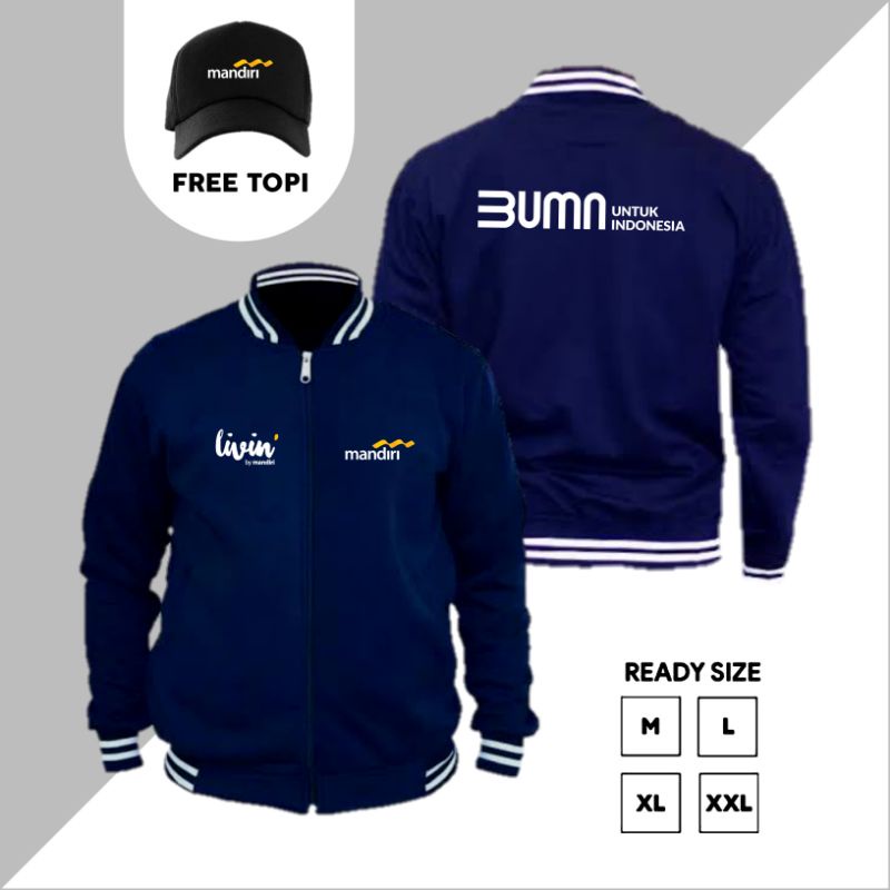 Jaket Varsity Zipper Logo LIVIN By Mandiri - Jaket BUMN Bank Mandiri Free Topi