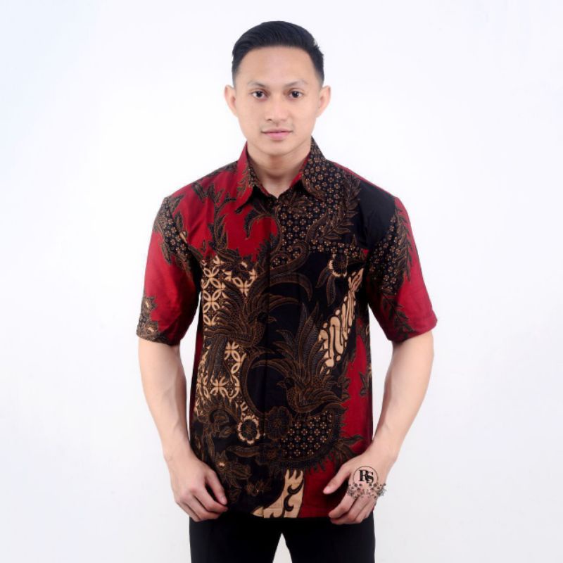 BSWART Batik HRB026 Kenongo Hem Pendek Padi Pekalongan M L XL Batik Pria MURAH Modern Grosir-Hem mahesa merah