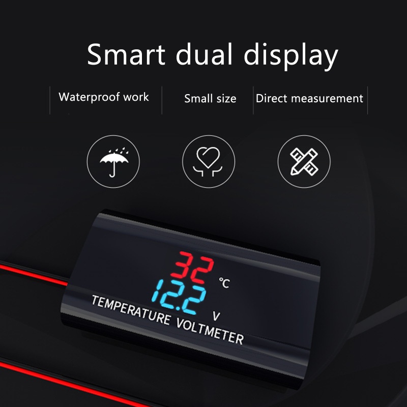 Btsg 2in1 Mobil Motor Anti Air Untuk DC 12V Voltmeter 0.28 inch Dual Displa Pengukur Suhu Tegangan Monito