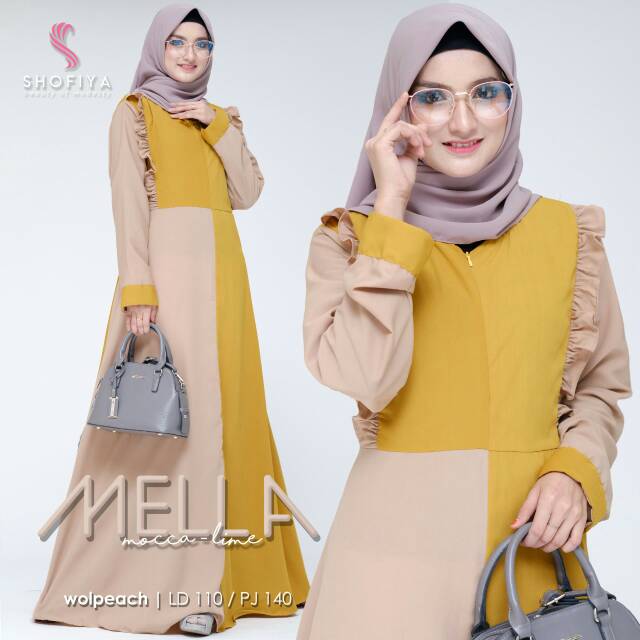 Gamis Dress Muslim Harian Kondangan Mella Ori Shofiya Warna Mocca Lime Free Hijab Lime