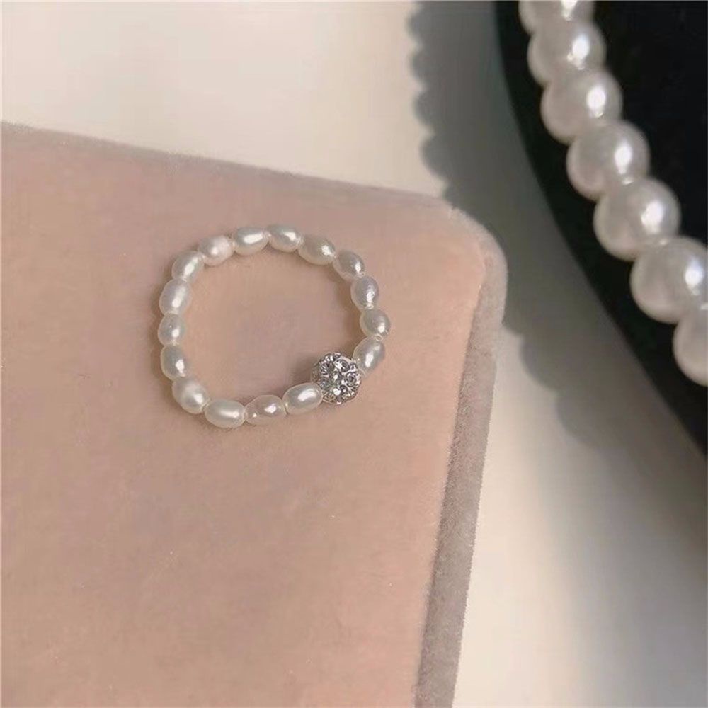 Needway  Women Girls Pearl Rings Korean Fashion Jewelry Finger Ring Gift Trendy Elegant Rhinestone Handmade Zircon Ball Bead Rings/Multicolor