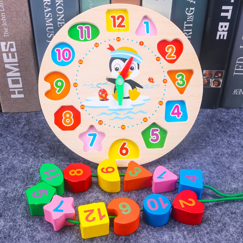 WE Penguin Beaded Clock mainan edukasi jam Penguin dan meronce/ jam kayu / jam geometri/ puzzle bentuk/ mainan kayu