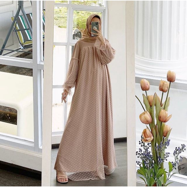 Hanabi Dress Kondangan Mewah Bahan Moscrepe mix Tulle Dot Ukuran M - XXL / Dress Pesta Kekinian / Dress Wanita Muslim Terlaris / Dress Remaja / Dress Pesta Murah