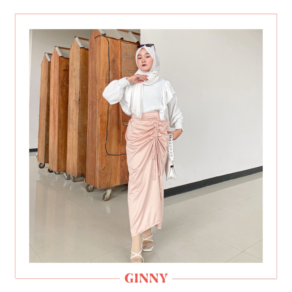 Sri Skirt | Women's Modern Plain Drawstring Kebaya Skirt | Bawahan Rok Kebaya Kain Satin Serut Polos Wanita | GINNY-3