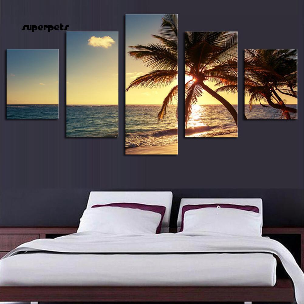 Super 5pcs Set Sunset Sea Coconut Tree Wall Unframed Painting Living Room Home Decor