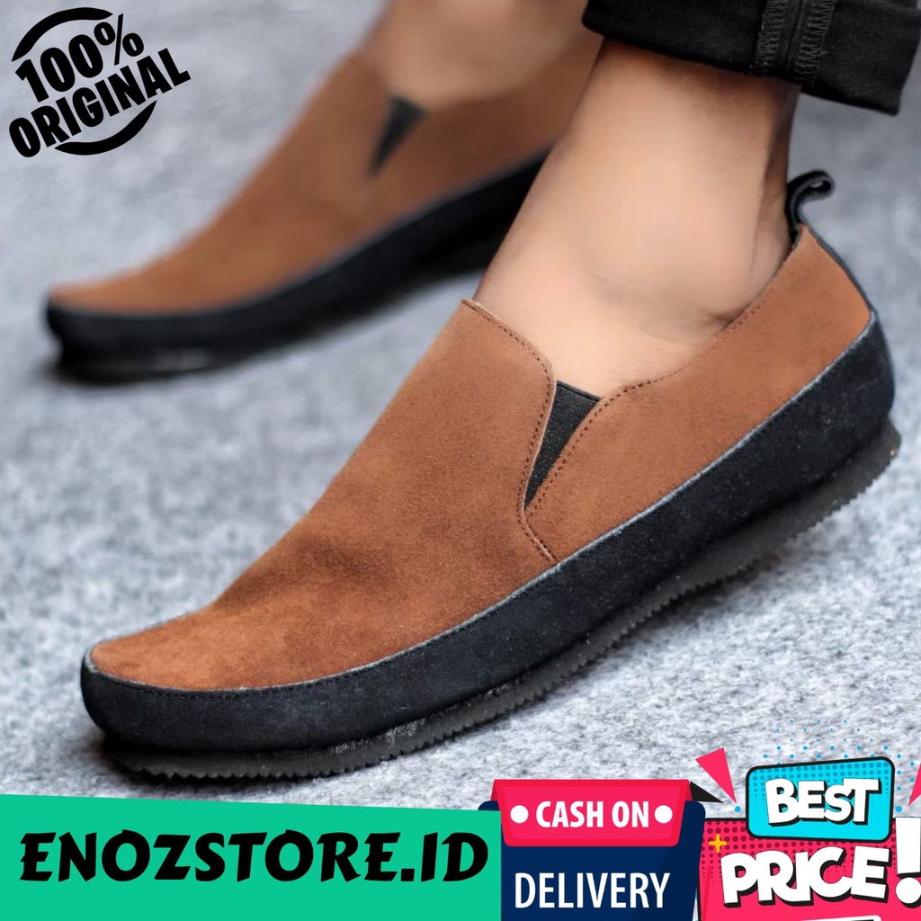 ENOZSTORE I Sepatu Slop Pria Kasual Original Kulit Suede Slip On Cowo Murah Promo Shopee Keren Trendy Modis