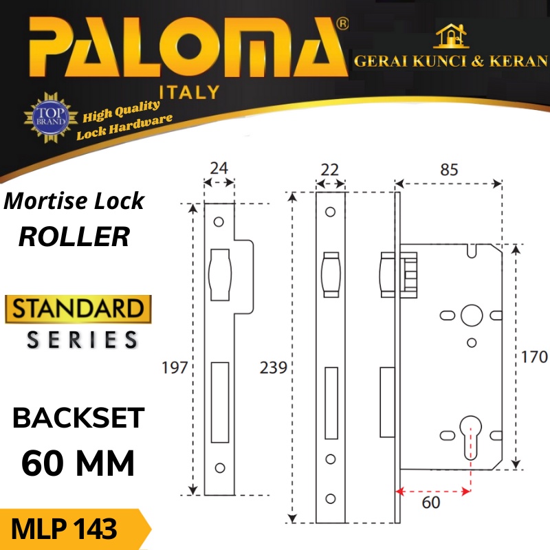 BODY KUNCI  PELOR PALOMA 60 MM MLP 143 RAB ANTIQUE MORTISE LOCK STANDARD ROLLER