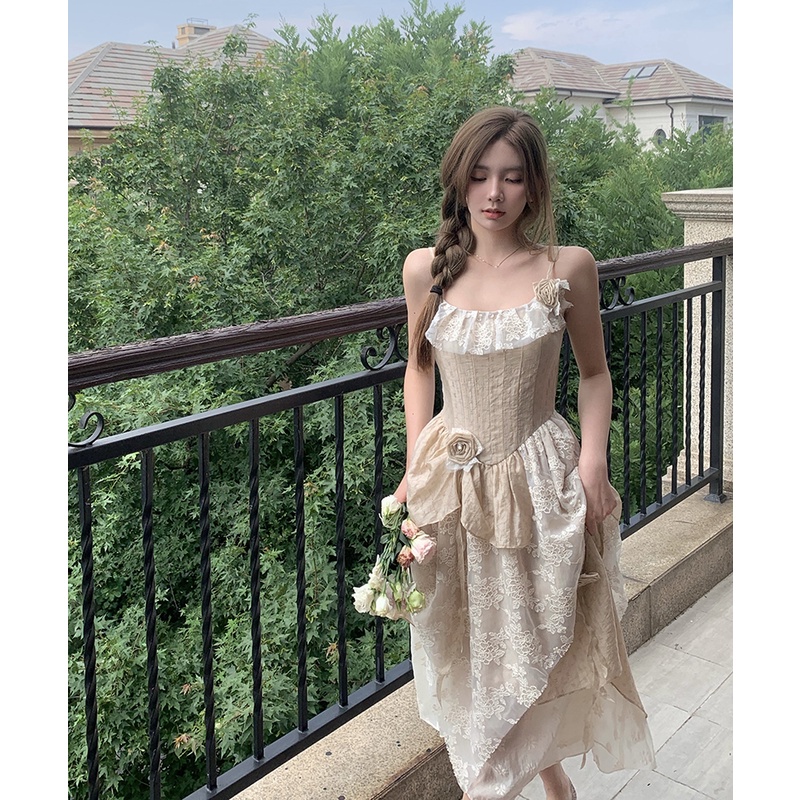 Suhao Sweet Spice Sling Dress Wanita Musim Panas Manis Penyambungan Bunga Tiga Dimensi Ruffle Gaun P
